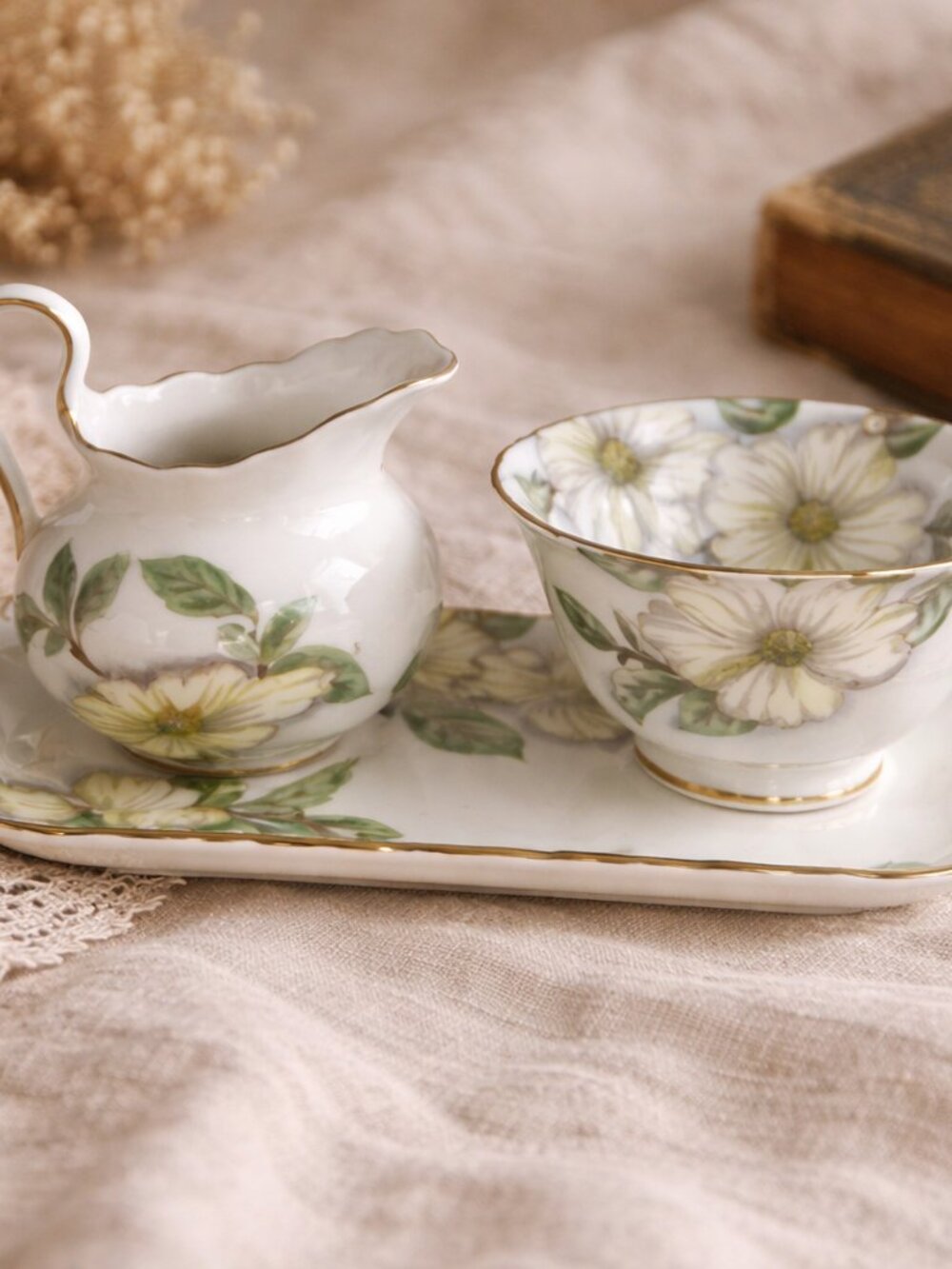 Creamer, open sugar bowl and tray